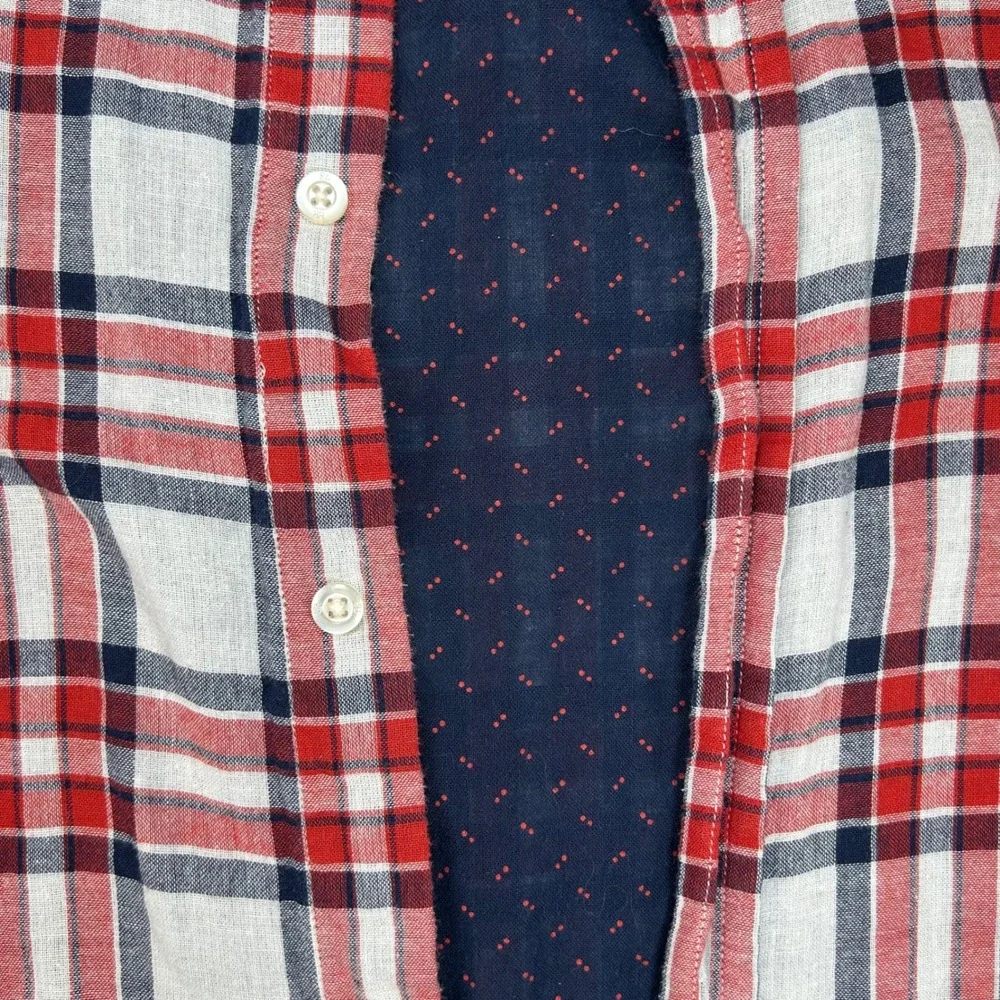 Banana Republic Mens‎ Untucked Slim Fit Plaid Button Down Shirt Red Blue Large